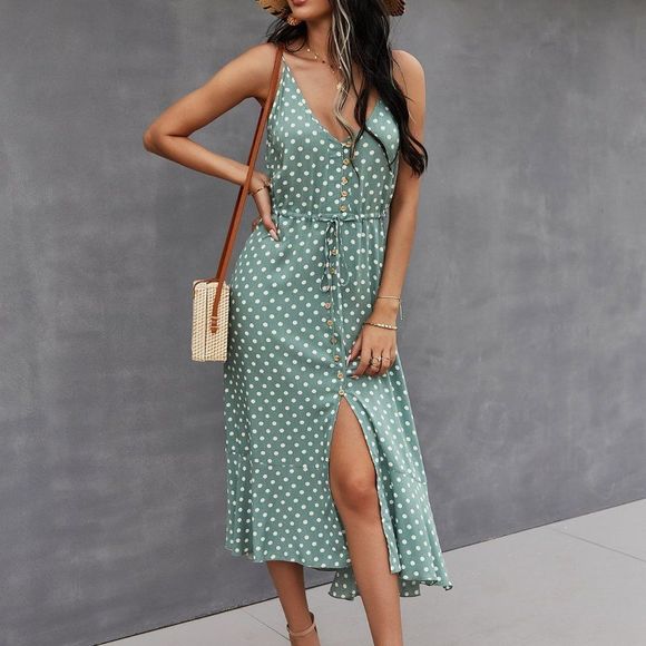 New Button Through Drawstring Waist Polka Dot Cami Dress Mint Green 226 - Picture 4 of 7